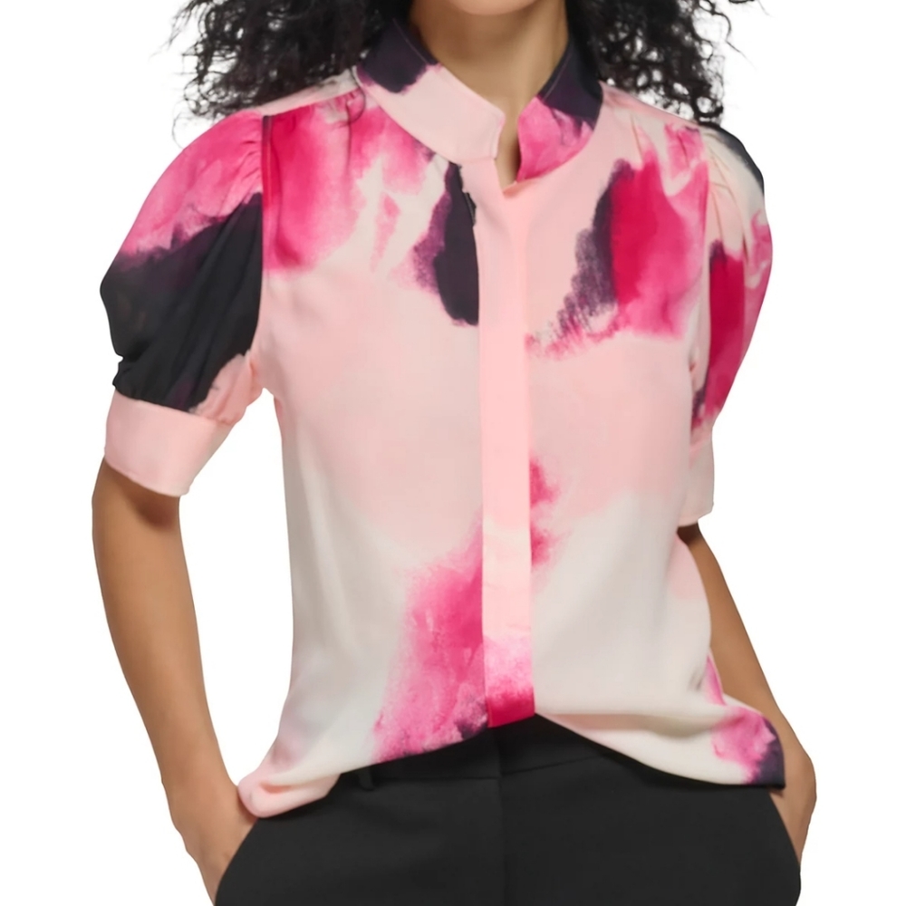 Dkny Elbow Puff Sleeve Stand Collar Blouse (S)